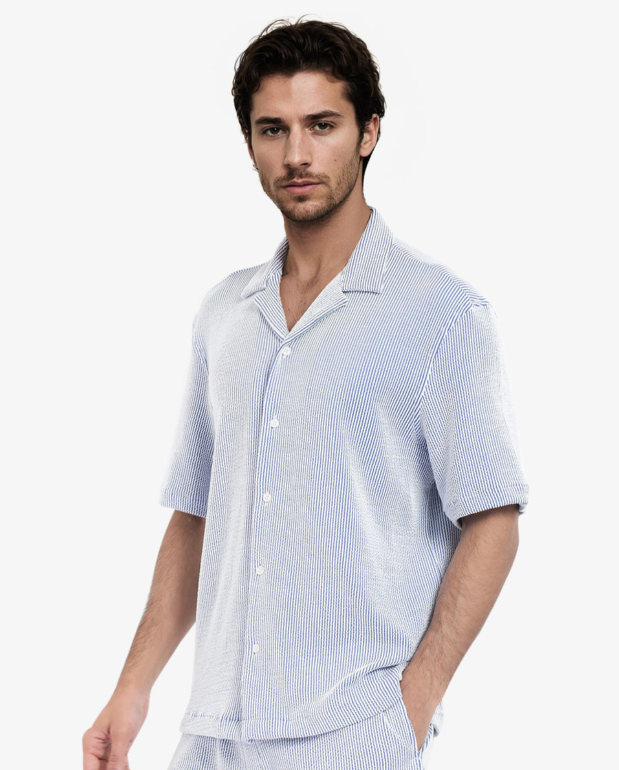 Rare Rabbit Men's Zavet-S Blue Cotton Striped Print Boxy Fit Half Sleeve Cuban Collar Shirt