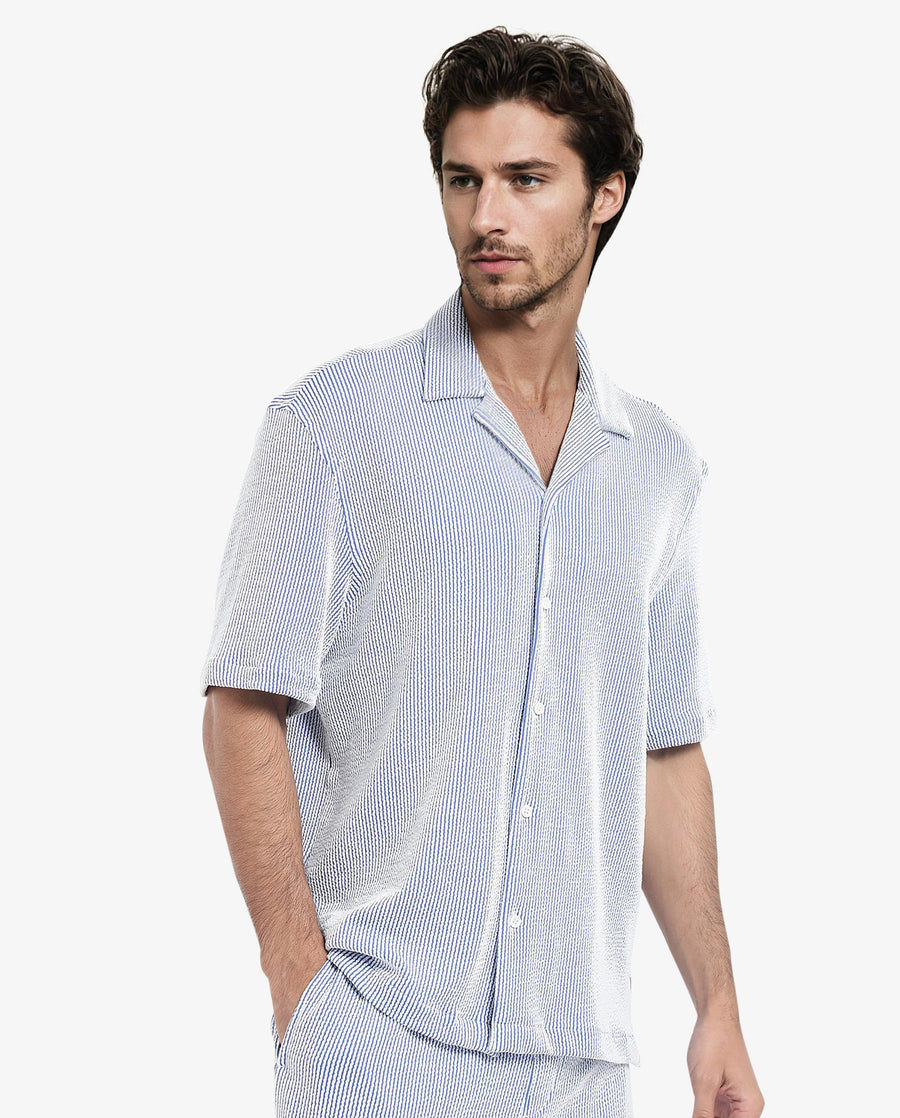 Rare Rabbit Men's Zavet-S Blue Cotton Striped Print Boxy Fit Half Sleeve Cuban Collar Shirt