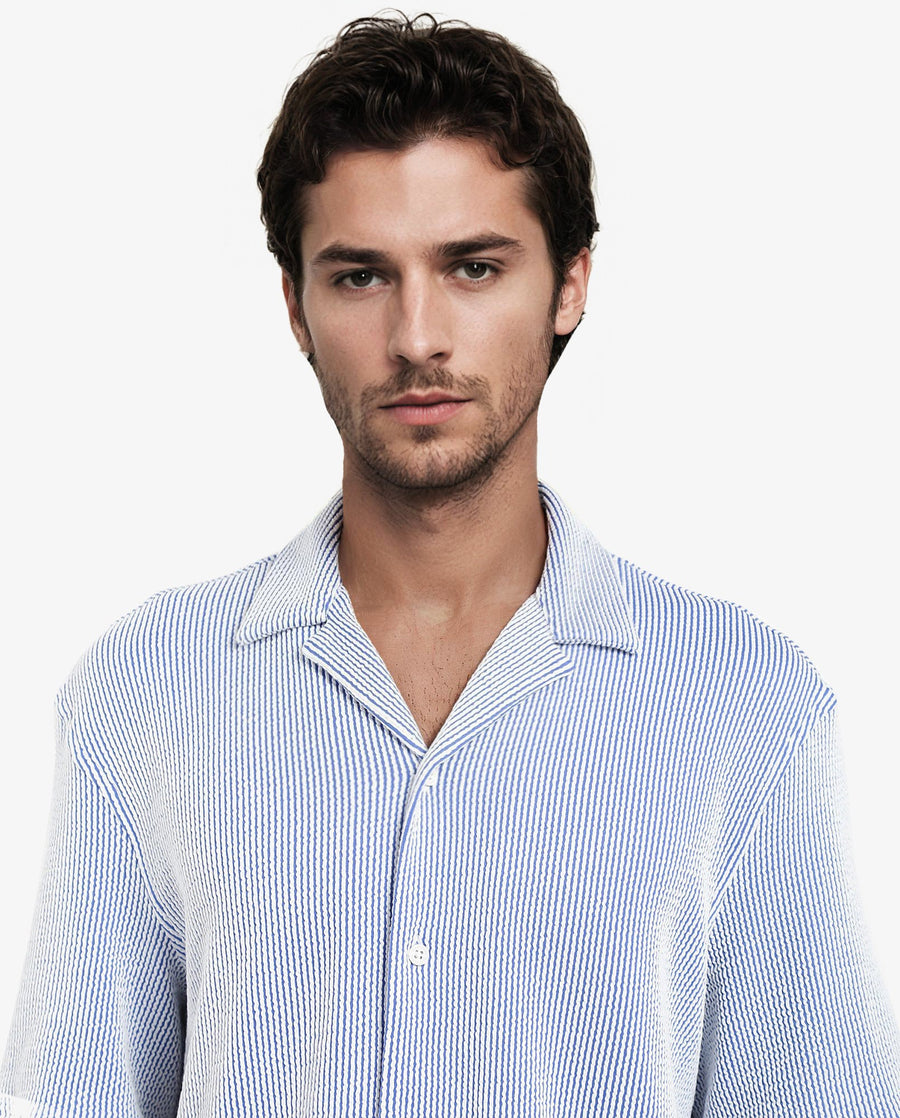 Rare Rabbit Men's Zavet-S Blue Cotton Striped Print Boxy Fit Half Sleeve Cuban Collar Shirt