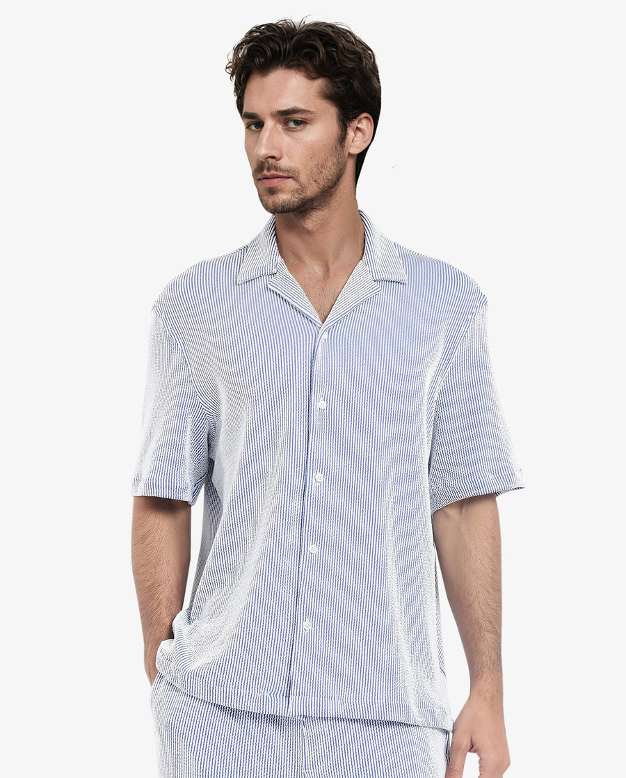 Rare Rabbit Men's Zavet-S Blue Cotton Striped Print Boxy Fit Half Sleeve Cuban Collar Shirt