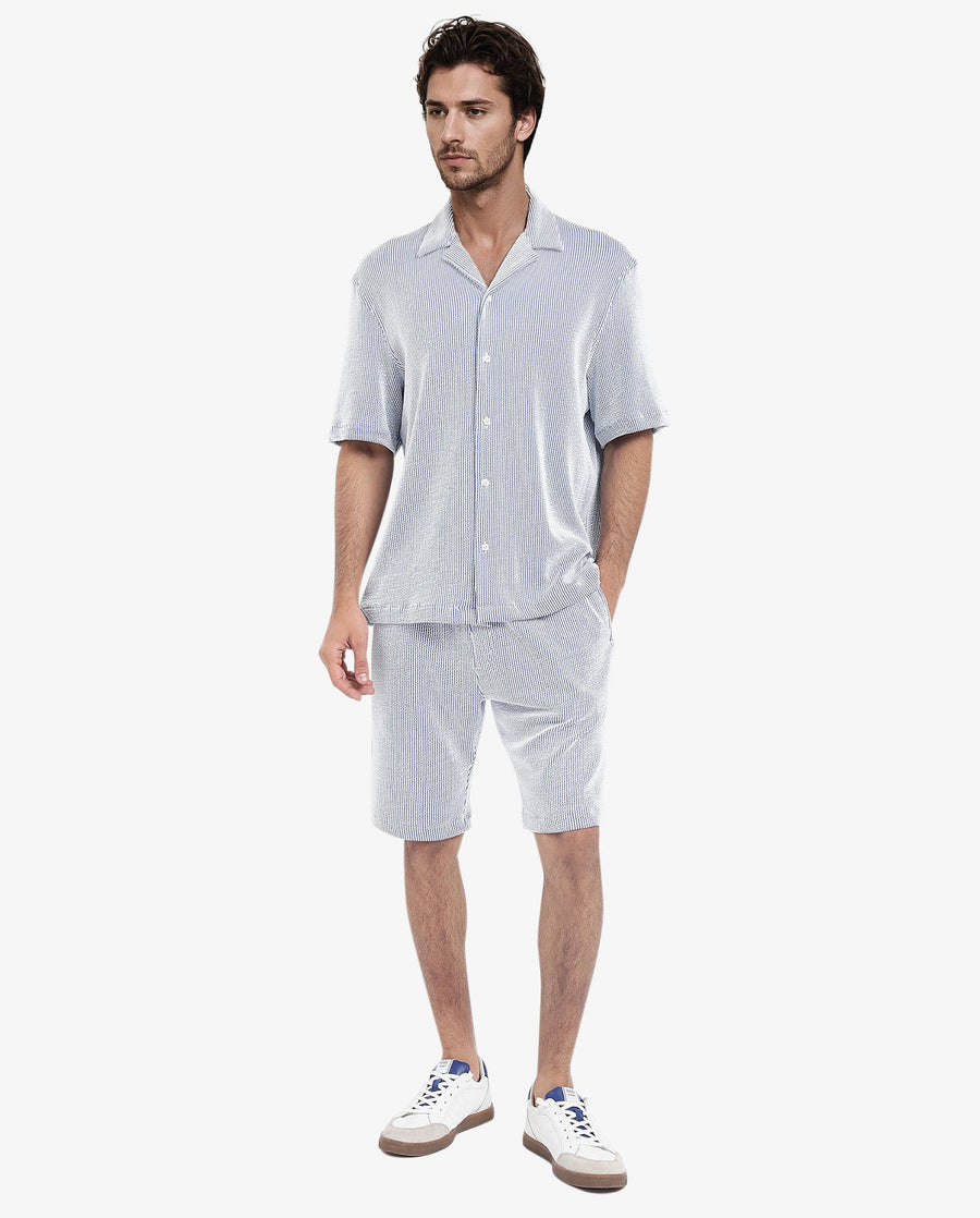 Rare Rabbit Men's Zavet-S Blue Cotton Striped Print Boxy Fit Half Sleeve Cuban Collar Shirt