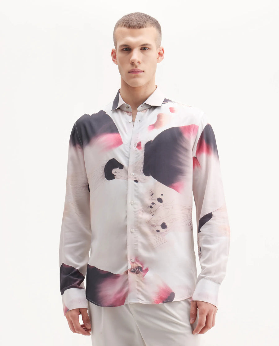 Rare Rabbit Men's Zaya Dusky White Viscose Floral Print Regular Fit Full Sleeve Collared Shirt