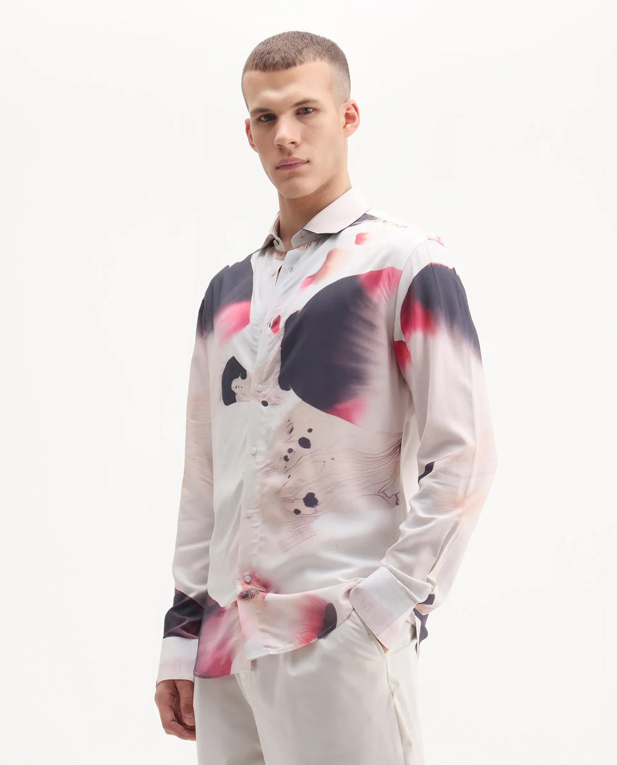 Rare Rabbit Men's Zaya Dusky White Viscose Floral Print Regular Fit Full Sleeve Collared Shirt