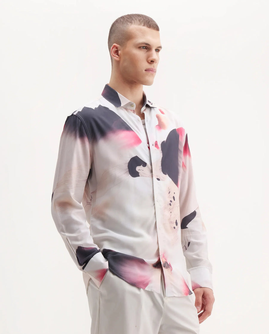 Rare Rabbit Men's Zaya Dusky White Viscose Floral Print Regular Fit Full Sleeve Collared Shirt