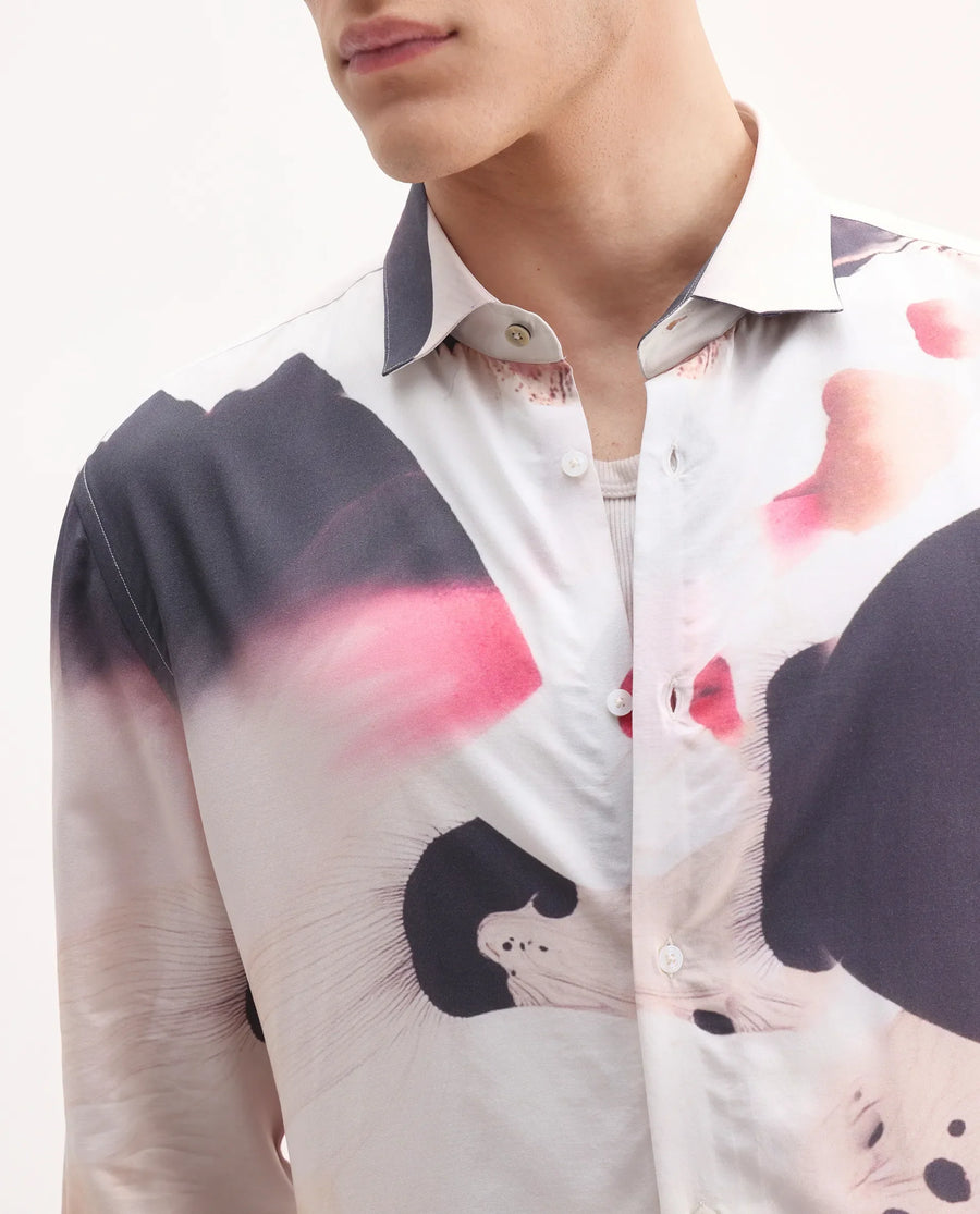 Rare Rabbit Men's Zaya Dusky White Viscose Floral Print Regular Fit Full Sleeve Collared Shirt