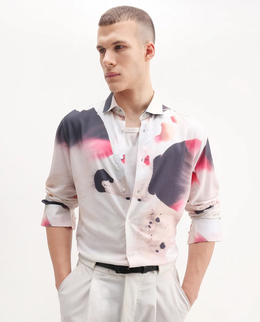 Rare Rabbit Men's Zaya Dusky White Viscose Floral Print Regular Fit Full Sleeve Collared Shirt