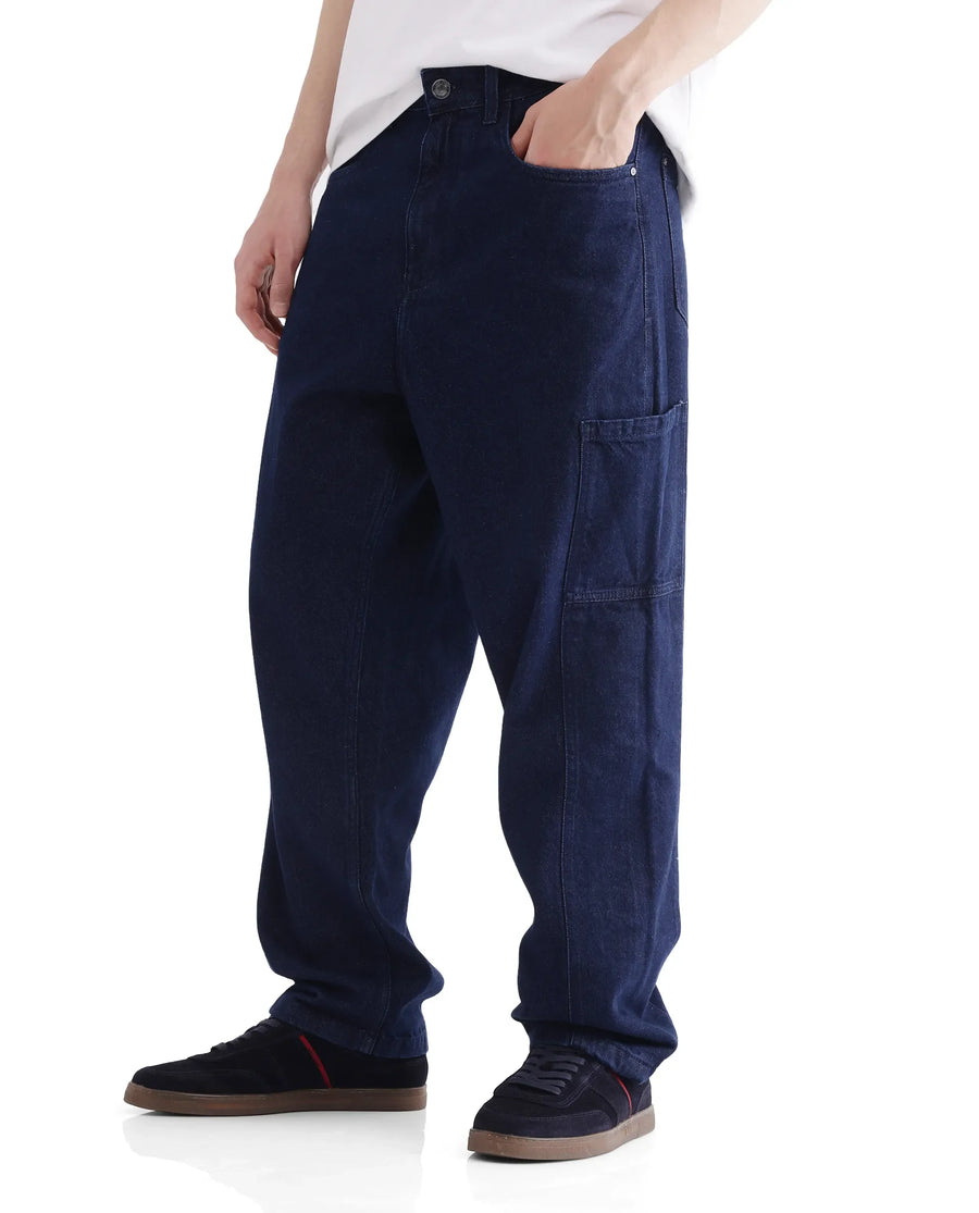 Rare Rabbit Men's Zedet Blue Cotton Plain Baggy Fit Jeans