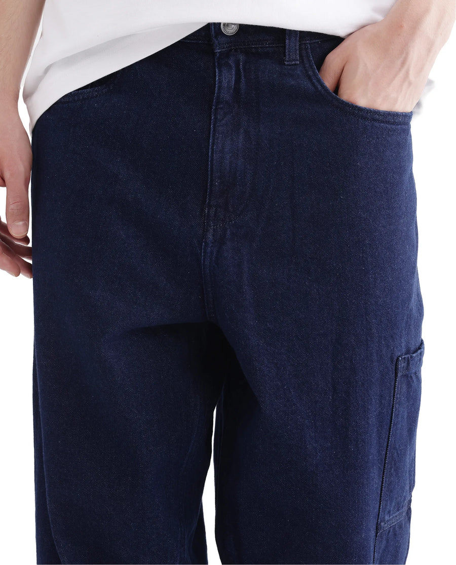 Rare Rabbit Men's Zedet Blue Cotton Plain Baggy Fit Jeans
