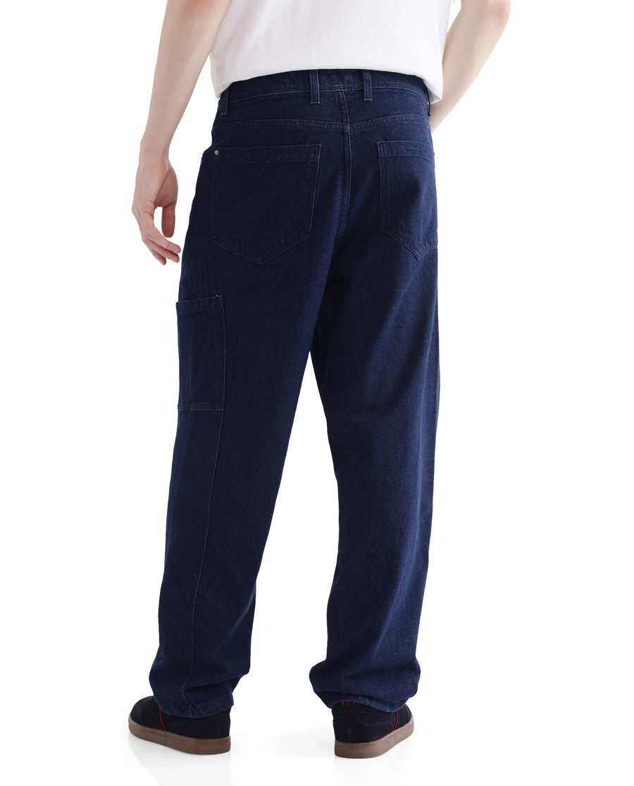 Rare Rabbit Men's Zedet Blue Cotton Plain Baggy Fit Jeans