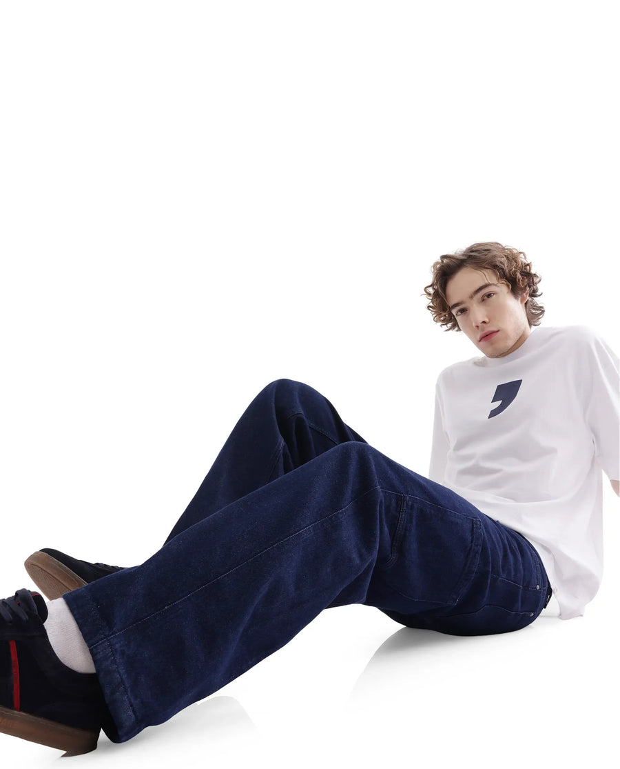 Rare Rabbit Men's Zedet Blue Cotton Plain Baggy Fit Jeans