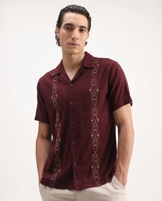 Rare Rabbit Men's Zedter-1 Dusky Maroon Cotton Blend Embroidered Relaxed Fit Half Sleeve Cuban Collar Shirt