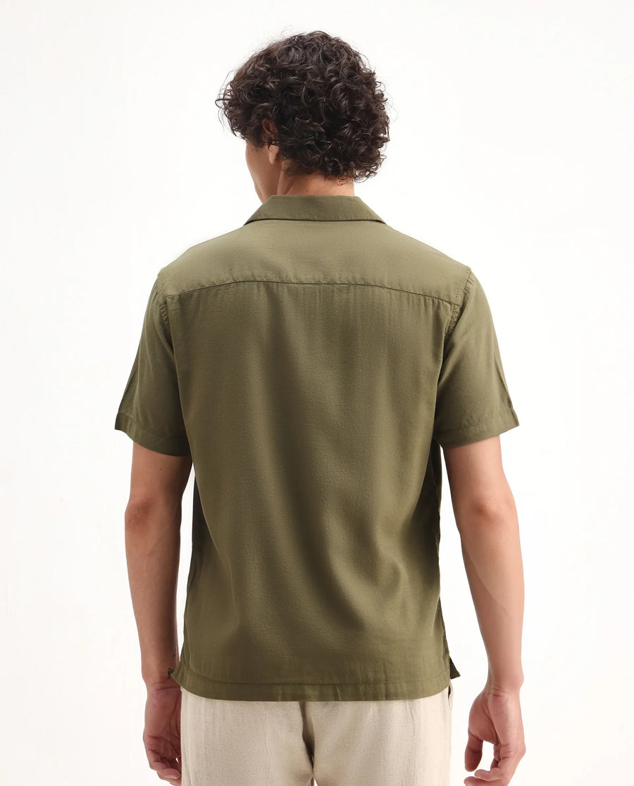 Rare Rabbit Men's Zedter-2 Olive Cotton Blend Embroidered Relaxed Fit Half Sleeve Cuban Collar Shirt