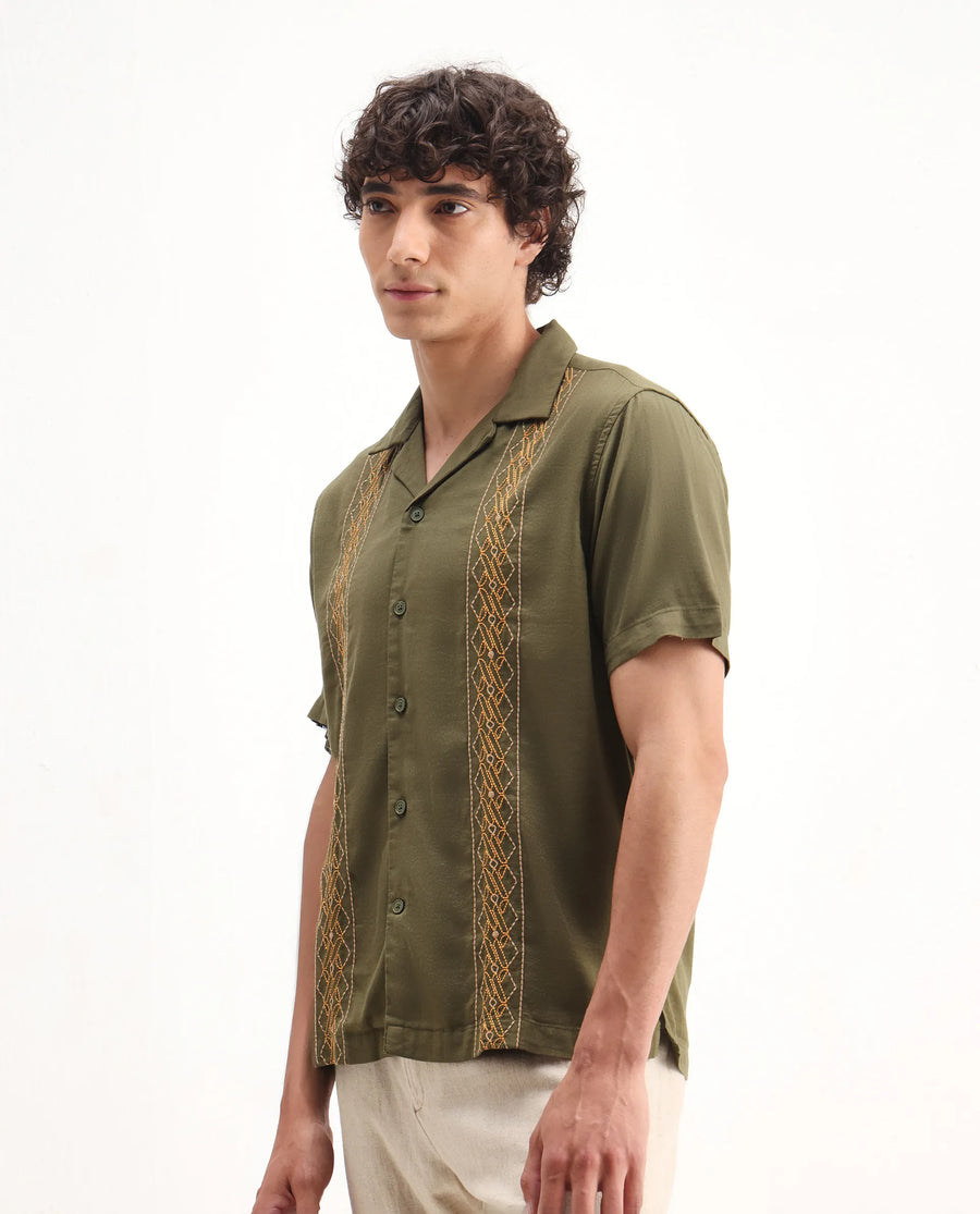 Rare Rabbit Men's Zedter-2 Olive Cotton Blend Embroidered Relaxed Fit Half Sleeve Cuban Collar Shirt