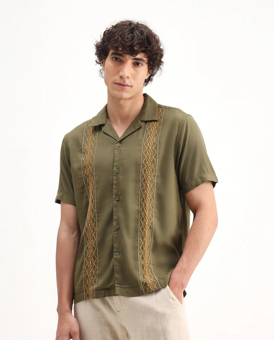 Rare Rabbit Men's Zedter-2 Olive Cotton Blend Embroidered Relaxed Fit Half Sleeve Cuban Collar Shirt