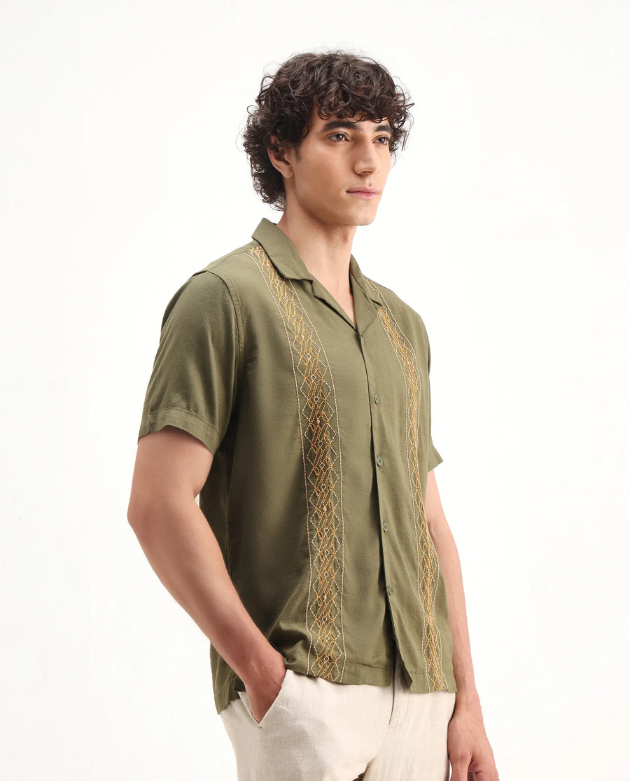 Rare Rabbit Men's Zedter-2 Olive Cotton Blend Embroidered Relaxed Fit Half Sleeve Cuban Collar Shirt