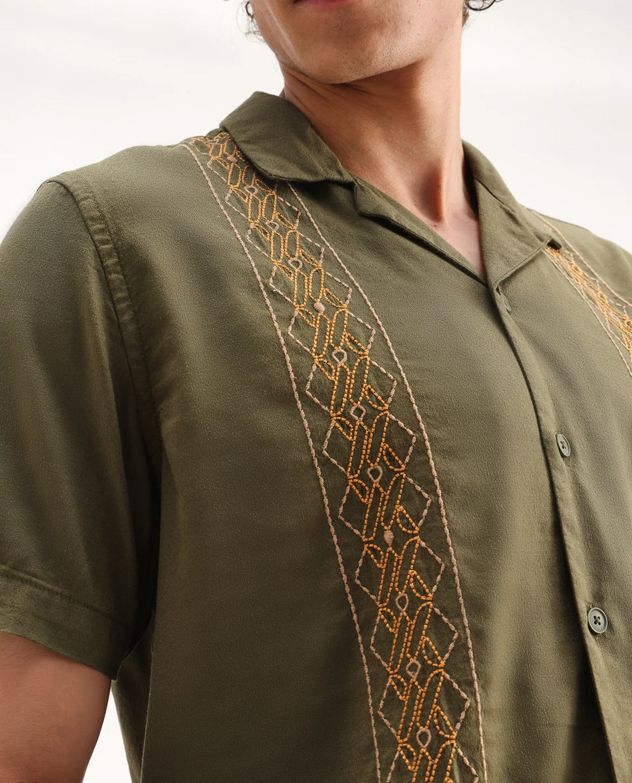 Rare Rabbit Men's Zedter-2 Olive Cotton Blend Embroidered Relaxed Fit Half Sleeve Cuban Collar Shirt