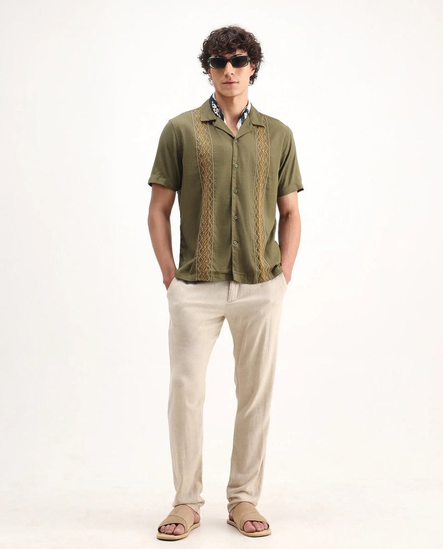 Rare Rabbit Men's Zedter-2 Olive Cotton Blend Embroidered Relaxed Fit Half Sleeve Cuban Collar Shirt