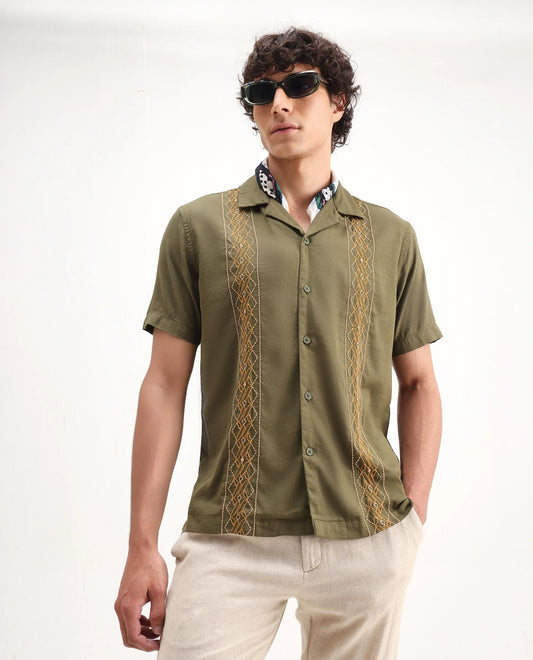 Rare Rabbit Men's Zedter-2 Olive Cotton Blend Embroidered Relaxed Fit Half Sleeve Cuban Collar Shirt