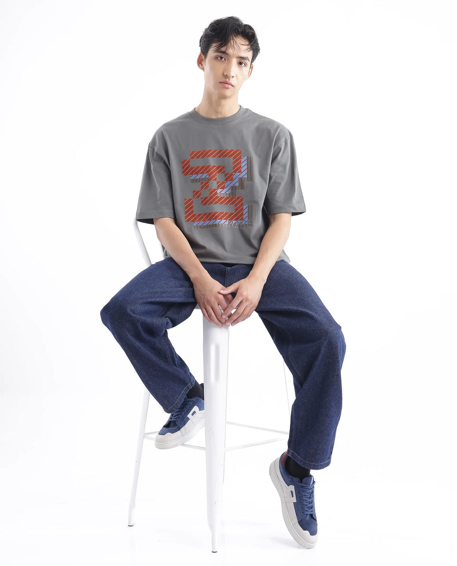 Rare Rabbit Men's Zee's Grey Cotton Graphic Print Oversized Fit Half Sleeve Crew Neck T-Shirt