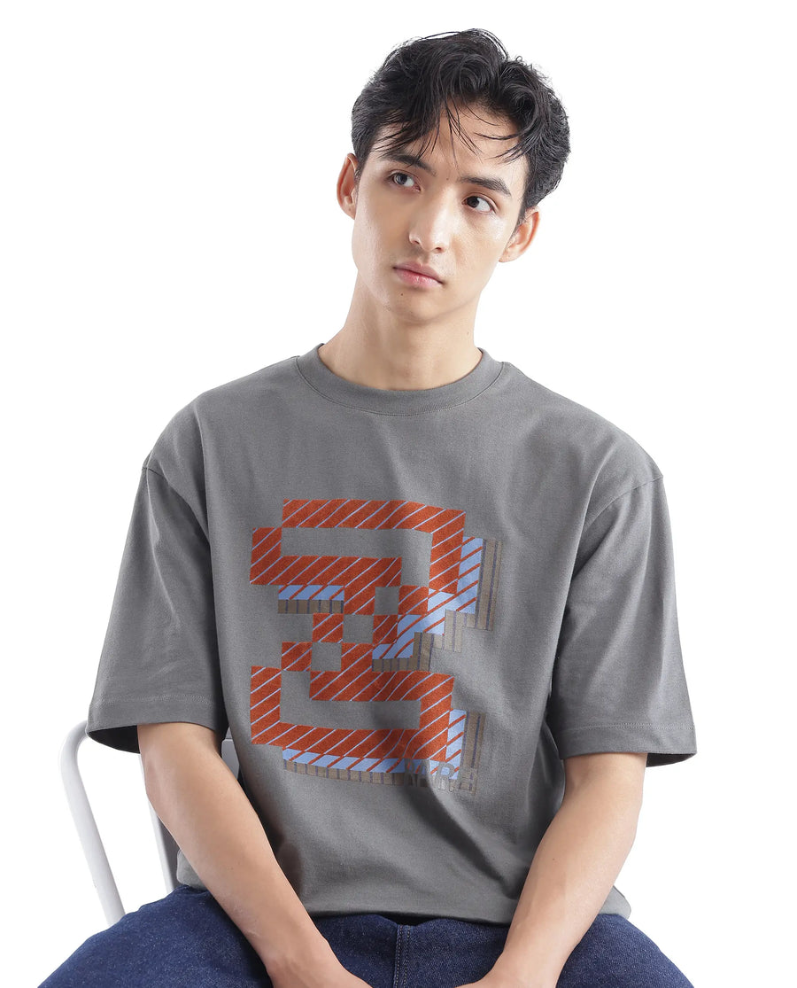 Rare Rabbit Men's Zee's Grey Cotton Graphic Print Oversized Fit Half Sleeve Crew Neck T-Shirt