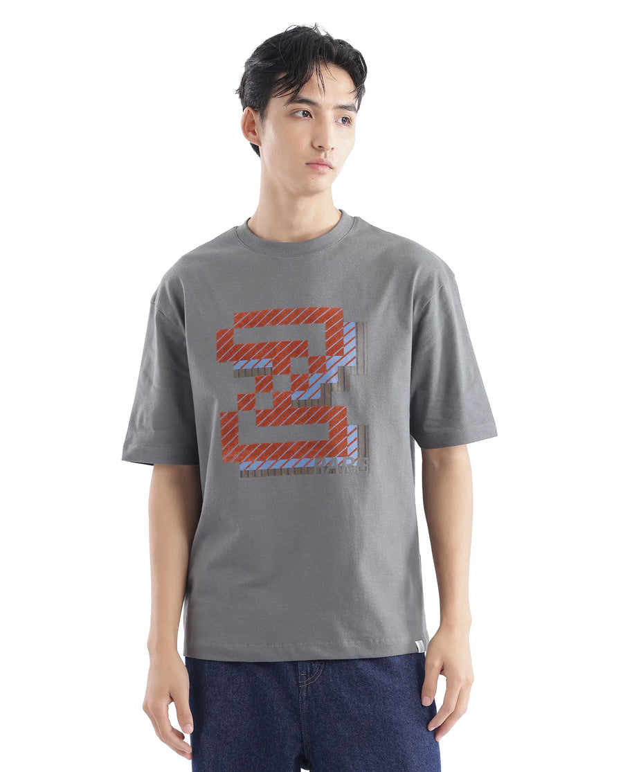 Rare Rabbit Men's Zee's Grey Cotton Graphic Print Oversized Fit Half Sleeve Crew Neck T-Shirt