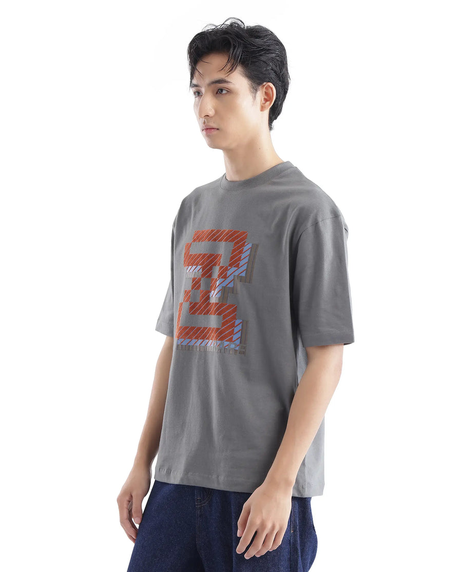 Rare Rabbit Men's Zee's Grey Cotton Graphic Print Oversized Fit Half Sleeve Crew Neck T-Shirt