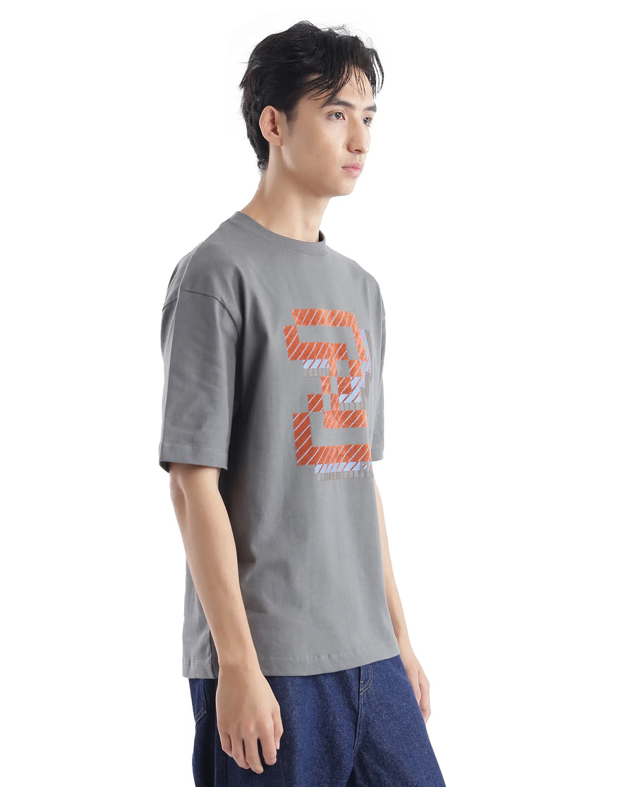 Rare Rabbit Men's Zee's Grey Cotton Graphic Print Oversized Fit Half Sleeve Crew Neck T-Shirt