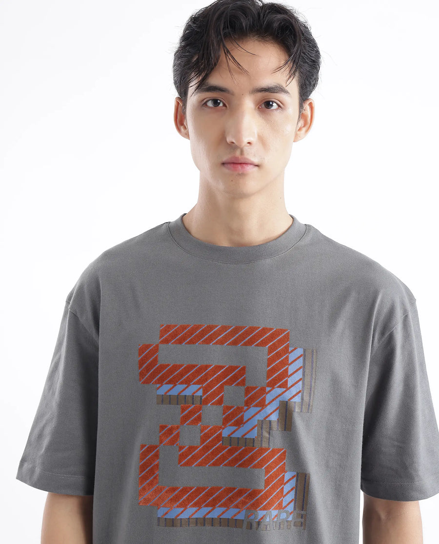 Rare Rabbit Men's Zee's Grey Cotton Graphic Print Oversized Fit Half Sleeve Crew Neck T-Shirt