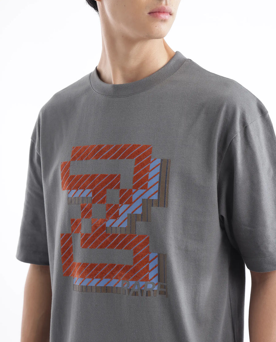 Rare Rabbit Men's Zee's Grey Cotton Graphic Print Oversized Fit Half Sleeve Crew Neck T-Shirt