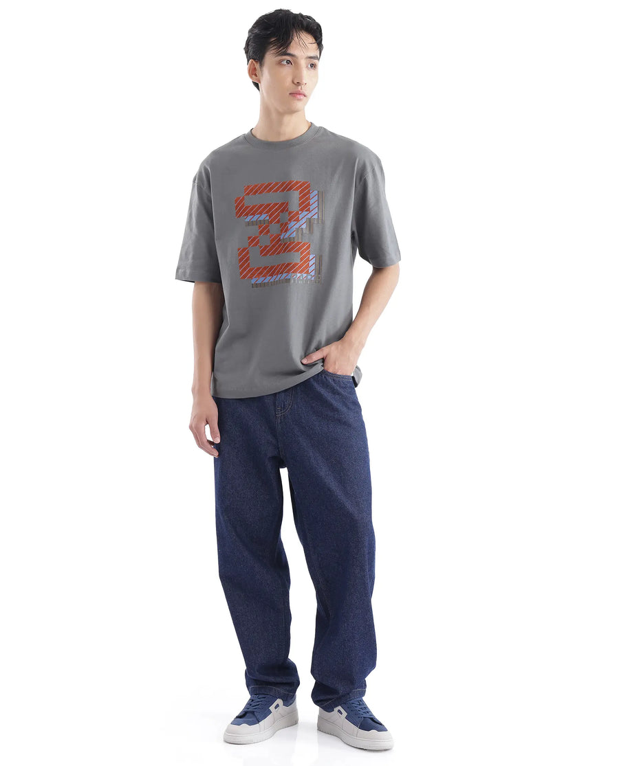 Rare Rabbit Men's Zee's Grey Cotton Graphic Print Oversized Fit Half Sleeve Crew Neck T-Shirt