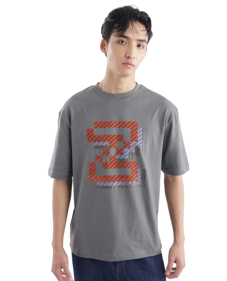 Rare Rabbit Men's Zee's Grey Cotton Graphic Print Oversized Fit Half Sleeve Crew Neck T-Shirt
