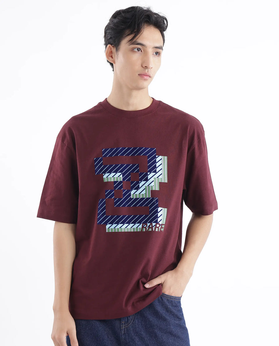 Rare Rabbit Men's Zee's Maroon Cotton Graphic Print Oversized Fit Half Sleeve Crew Neck T-Shirt