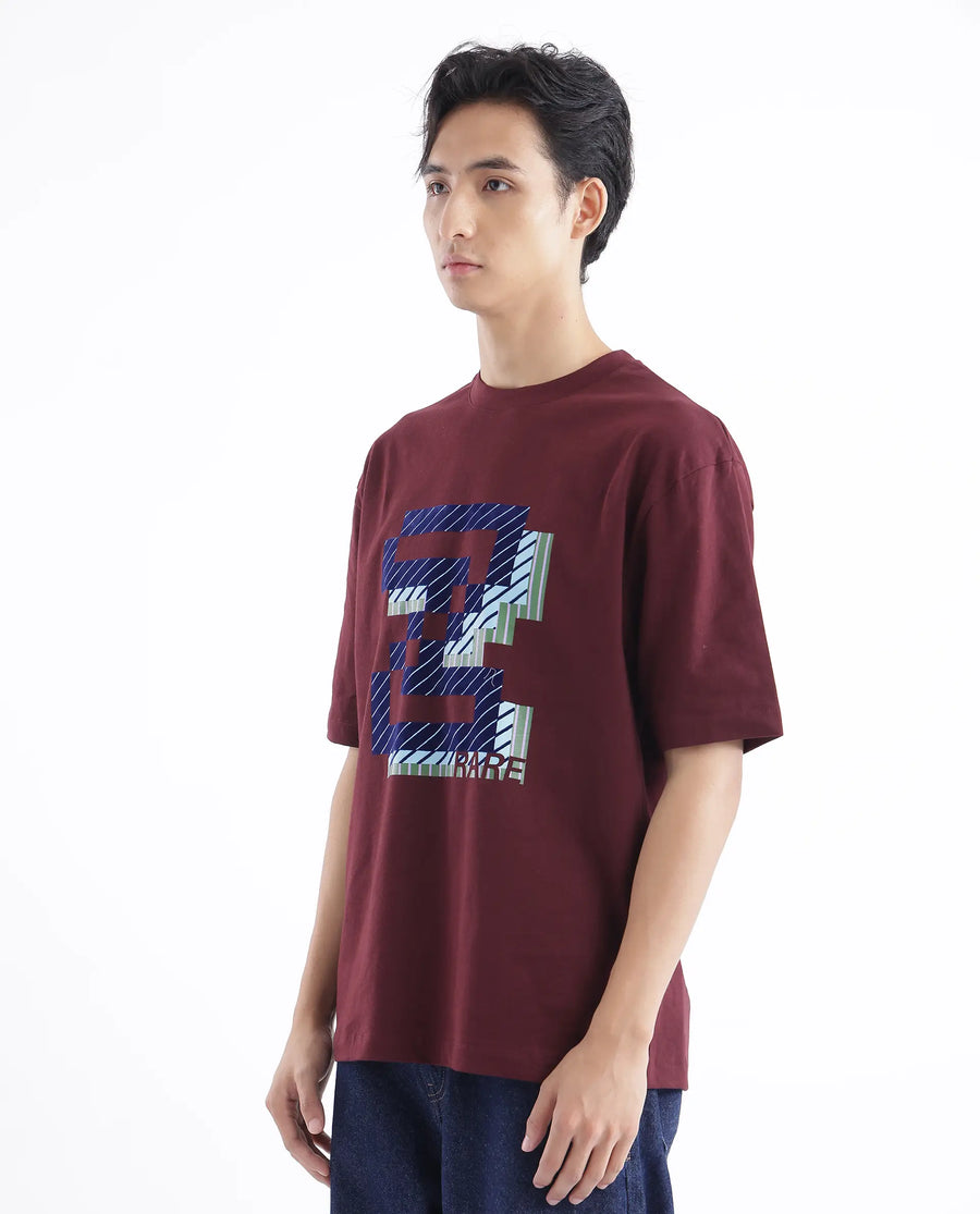 Rare Rabbit Men's Zee's Maroon Cotton Graphic Print Oversized Fit Half Sleeve Crew Neck T-Shirt