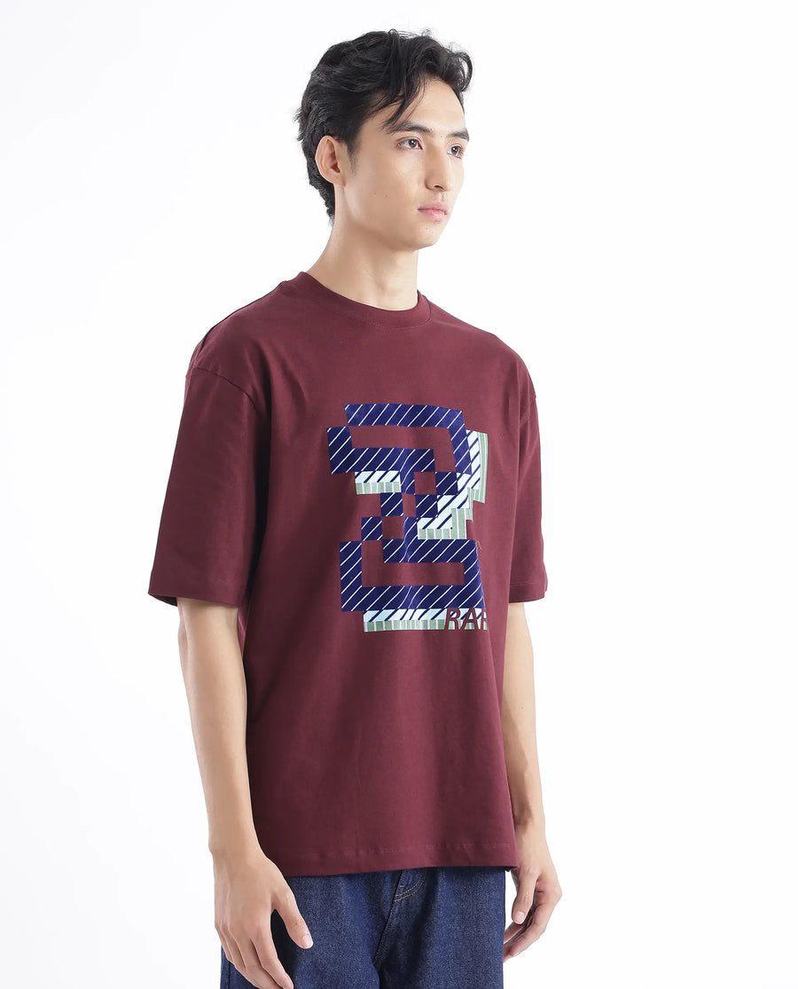 Rare Rabbit Men's Zee's Maroon Cotton Graphic Print Oversized Fit Half Sleeve Crew Neck T-Shirt