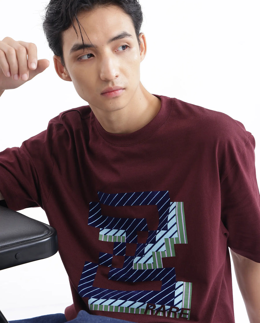 Rare Rabbit Men's Zee's Maroon Cotton Graphic Print Oversized Fit Half Sleeve Crew Neck T-Shirt