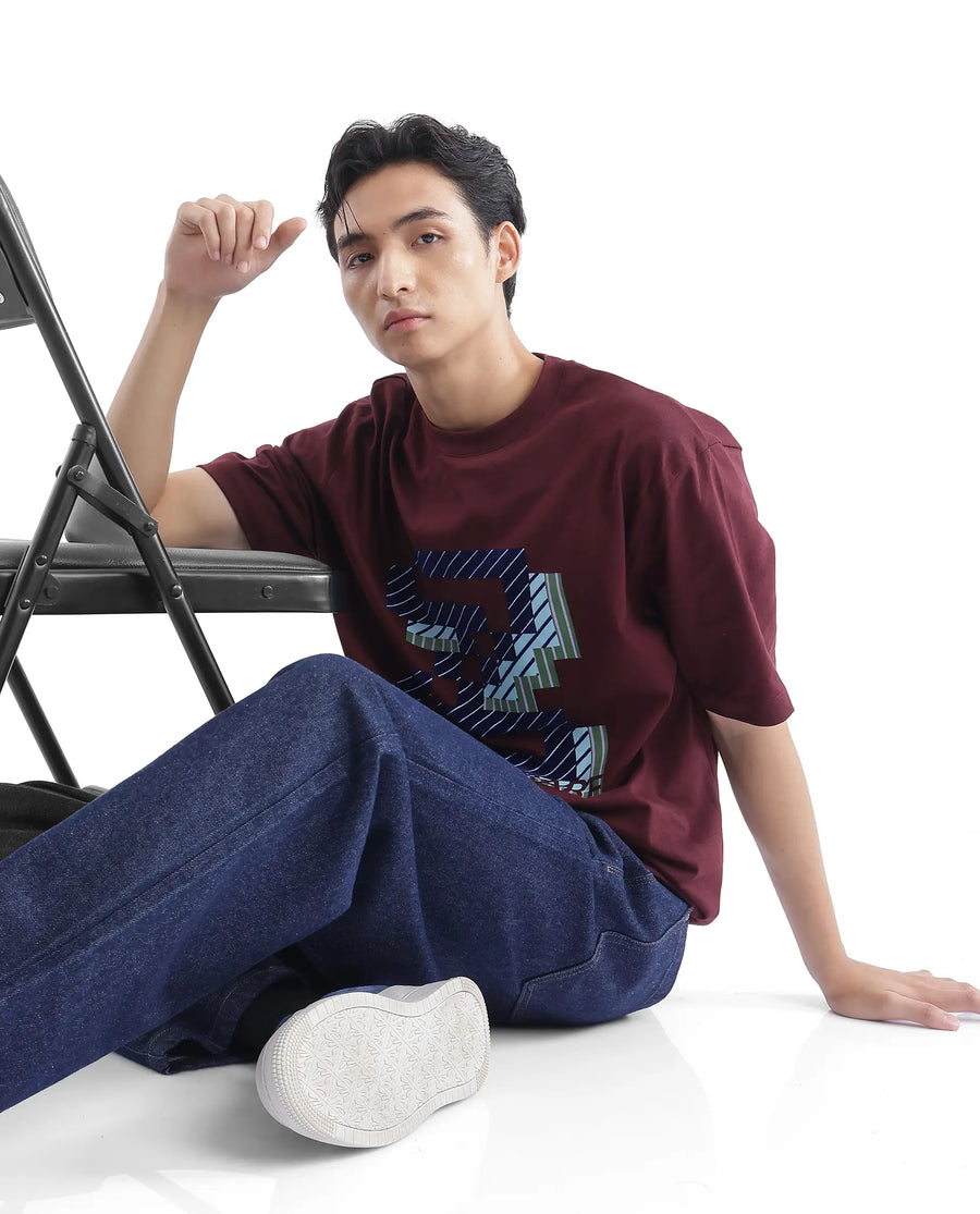 Rare Rabbit Men's Zee's Maroon Cotton Graphic Print Oversized Fit Half Sleeve Crew Neck T-Shirt