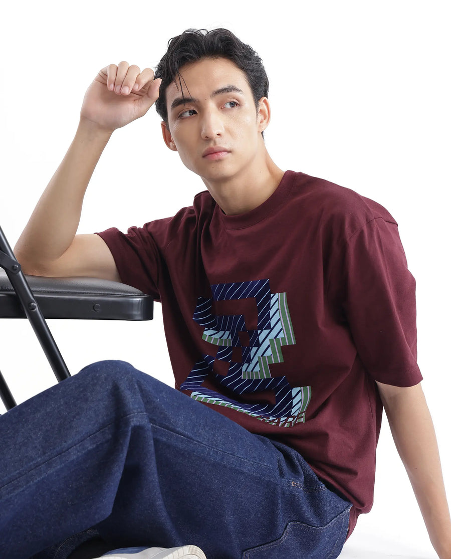 Rare Rabbit Men's Zee's Maroon Cotton Graphic Print Oversized Fit Half Sleeve Crew Neck T-Shirt