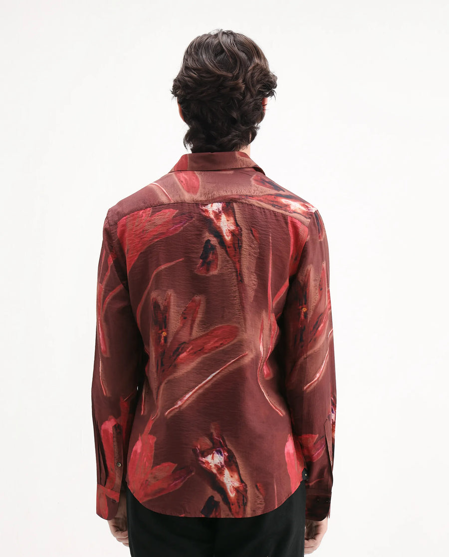 Rare Rabbit Men's Zelo Dusky Red Viscose Blend Floral Print Regular Fit Full Sleeve Collared Shirt
