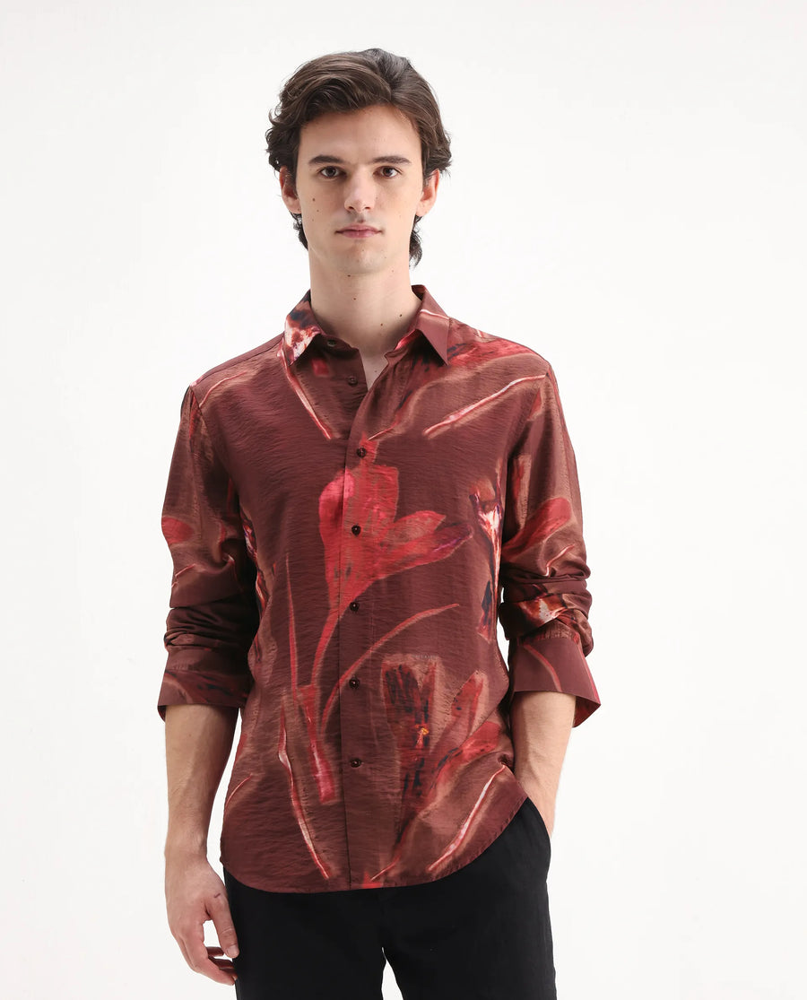 Rare Rabbit Men's Zelo Dusky Red Viscose Blend Floral Print Regular Fit Full Sleeve Collared Shirt