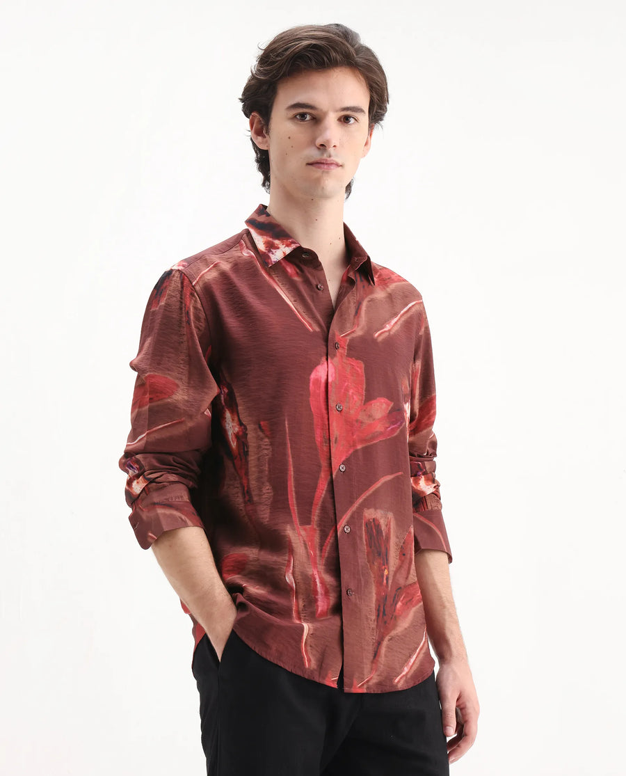 Rare Rabbit Men's Zelo Dusky Red Viscose Blend Floral Print Regular Fit Full Sleeve Collared Shirt