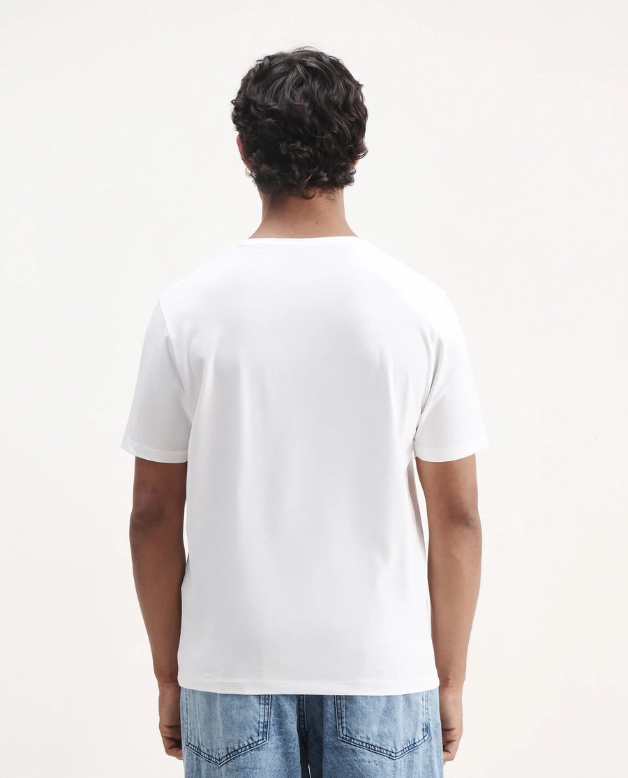 Rare Rabbit Men's Zemi White Cotton Blend Graphic Print Regular Fit Half Sleeve Crew Neck T-Shirt