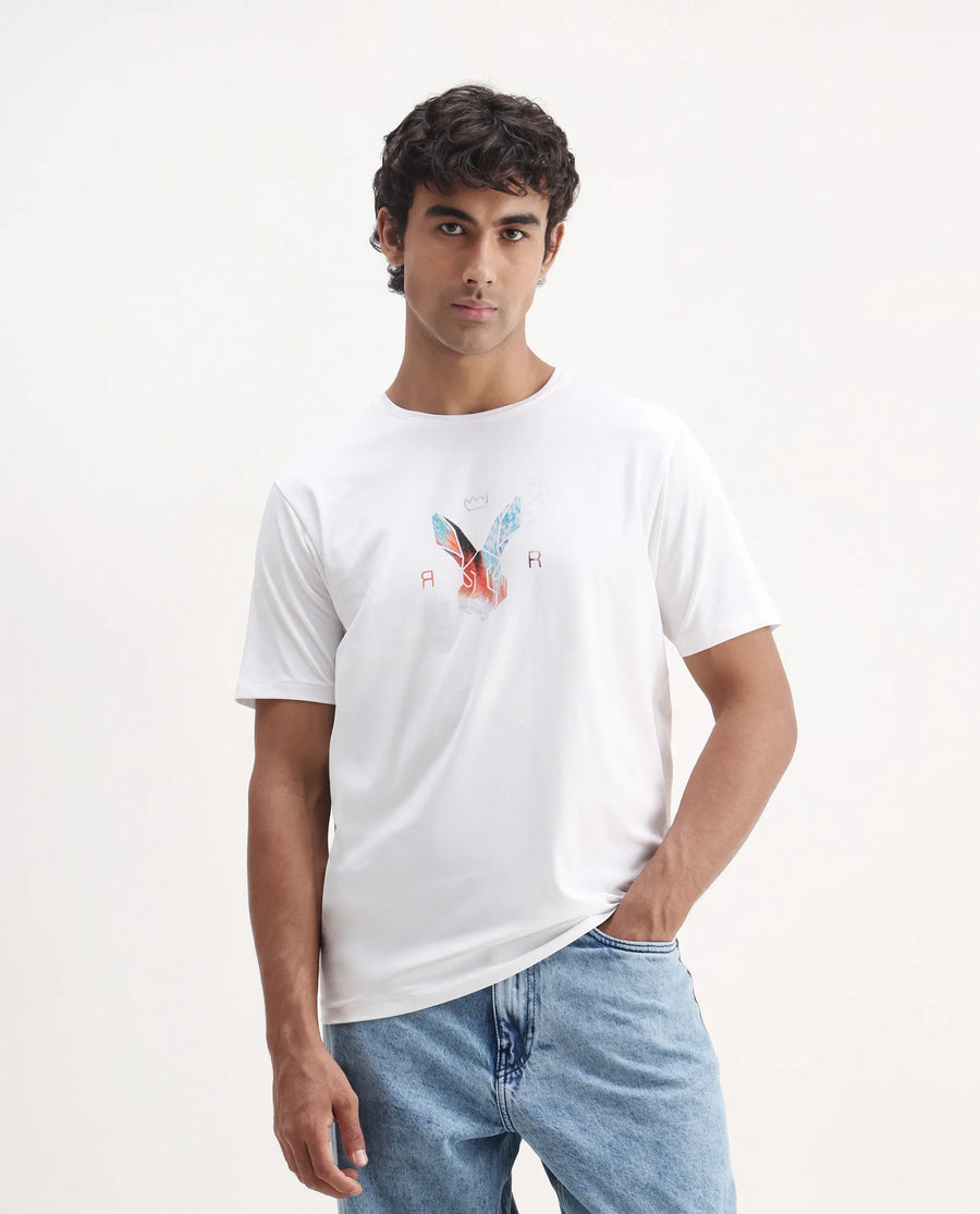 Rare Rabbit Men's Zemi White Cotton Blend Graphic Print Regular Fit Half Sleeve Crew Neck T-Shirt
