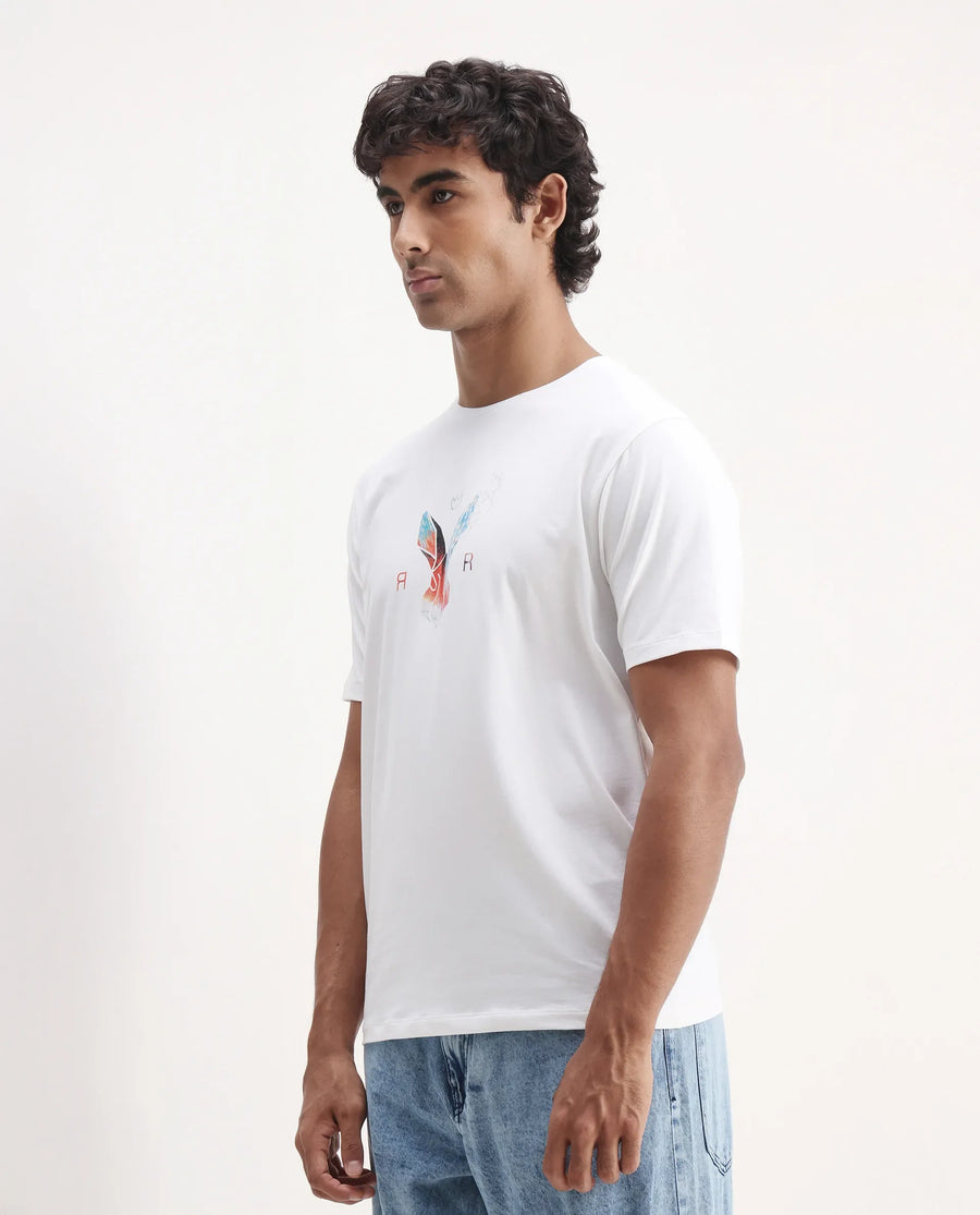 Rare Rabbit Men's Zemi White Cotton Blend Graphic Print Regular Fit Half Sleeve Crew Neck T-Shirt