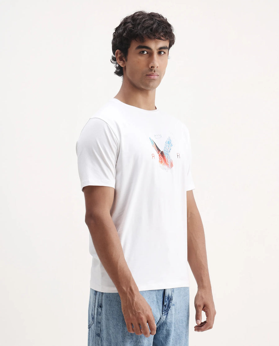 Rare Rabbit Men's Zemi White Cotton Blend Graphic Print Regular Fit Half Sleeve Crew Neck T-Shirt