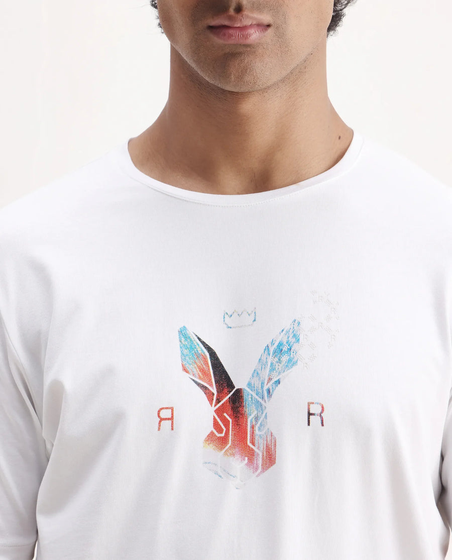 Rare Rabbit Men's Zemi White Cotton Blend Graphic Print Regular Fit Half Sleeve Crew Neck T-Shirt