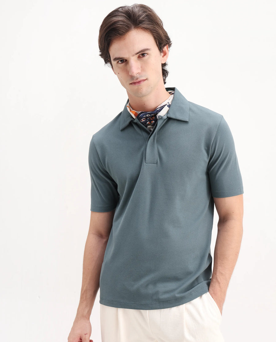 Rare Rabbit Men's Zeni Dusky Green Cotton Blend Plain Regular Fit Half Sleeve Polo