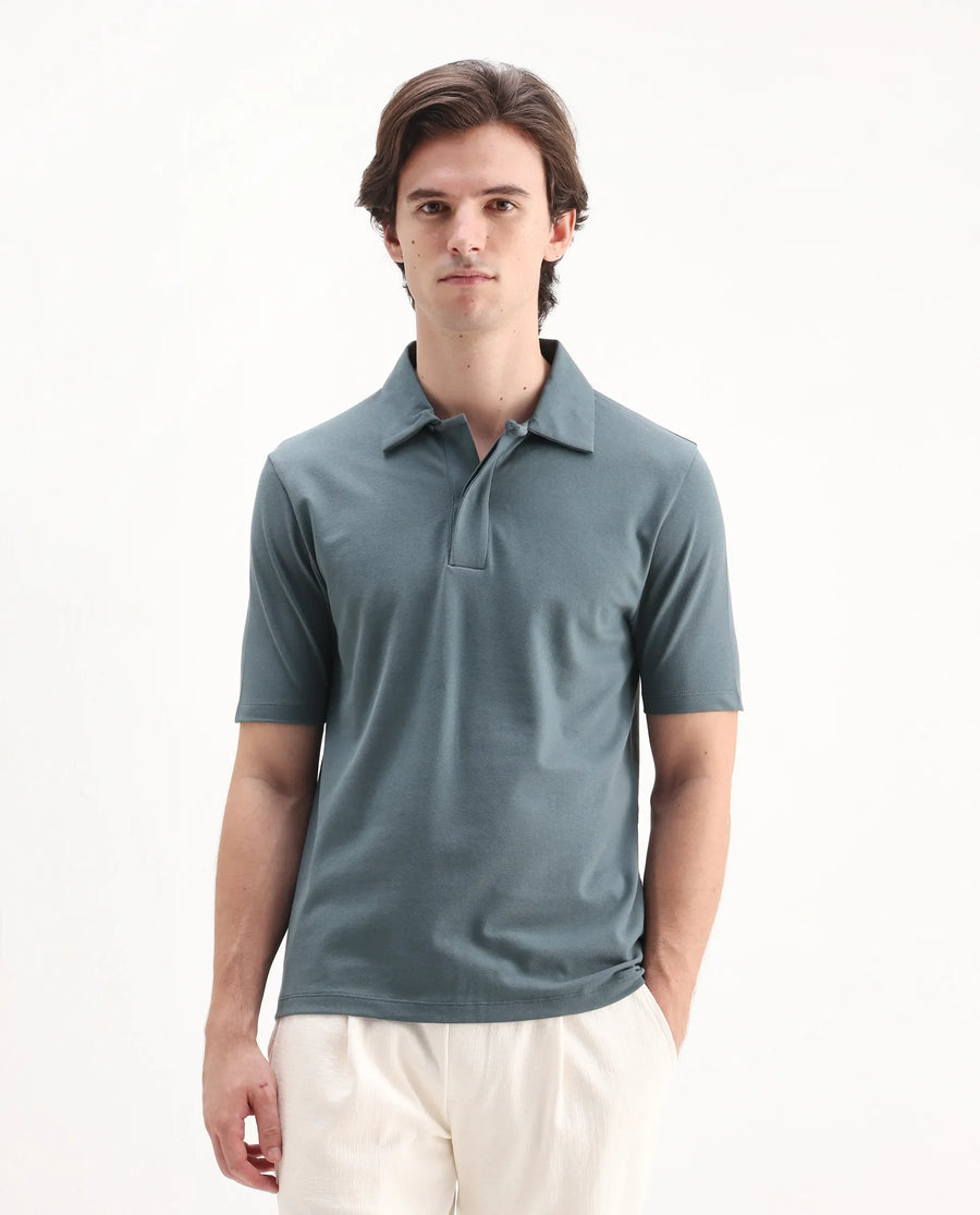 Rare Rabbit Men's Zeni Dusky Green Cotton Blend Plain Regular Fit Half Sleeve Polo