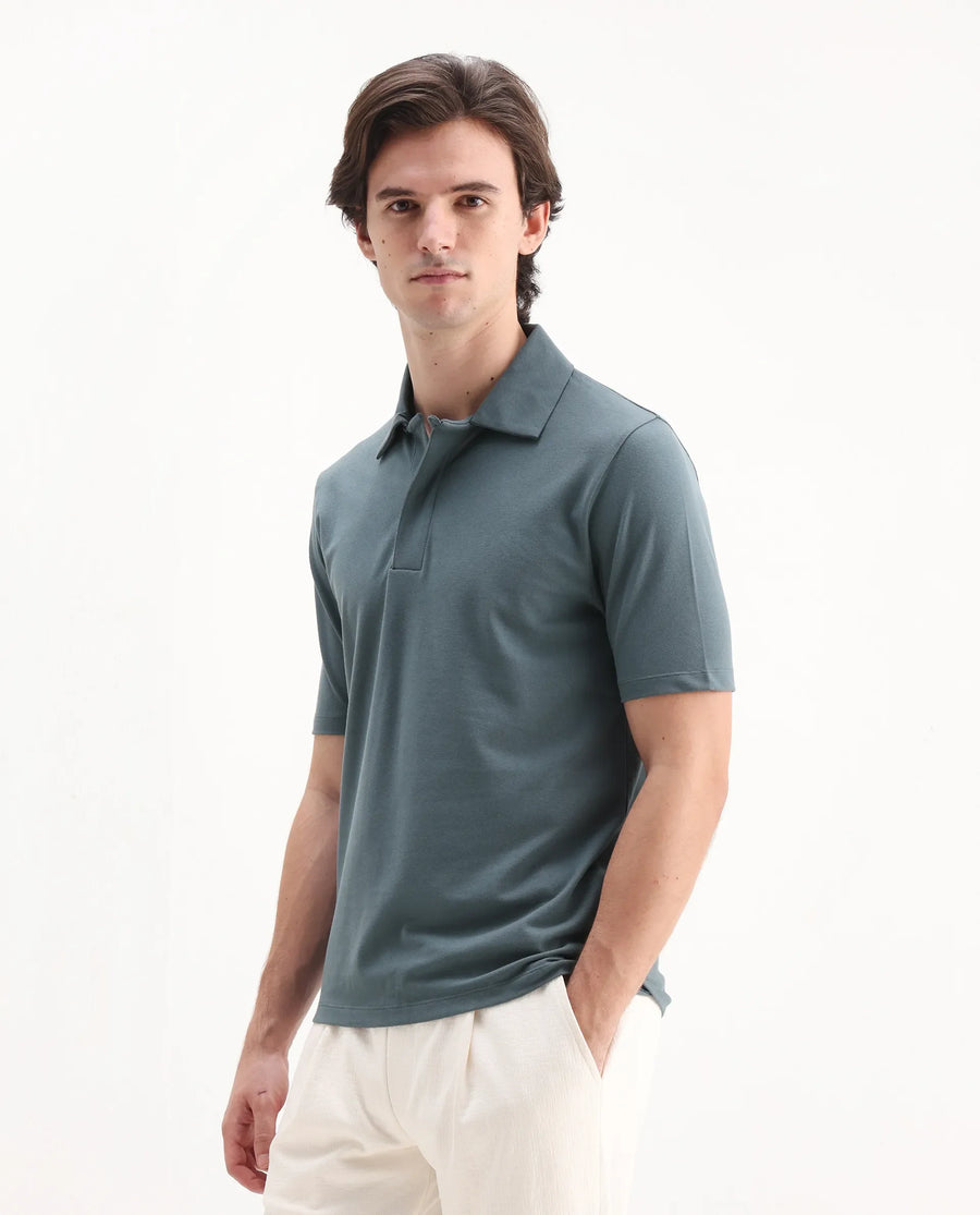 Rare Rabbit Men's Zeni Dusky Green Cotton Blend Plain Regular Fit Half Sleeve Polo