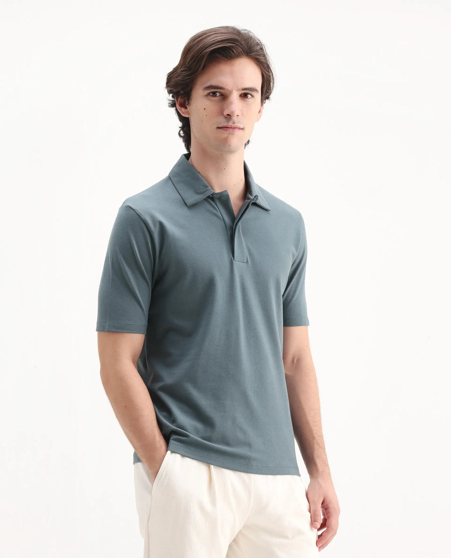 Rare Rabbit Men's Zeni Dusky Green Cotton Blend Plain Regular Fit Half Sleeve Polo