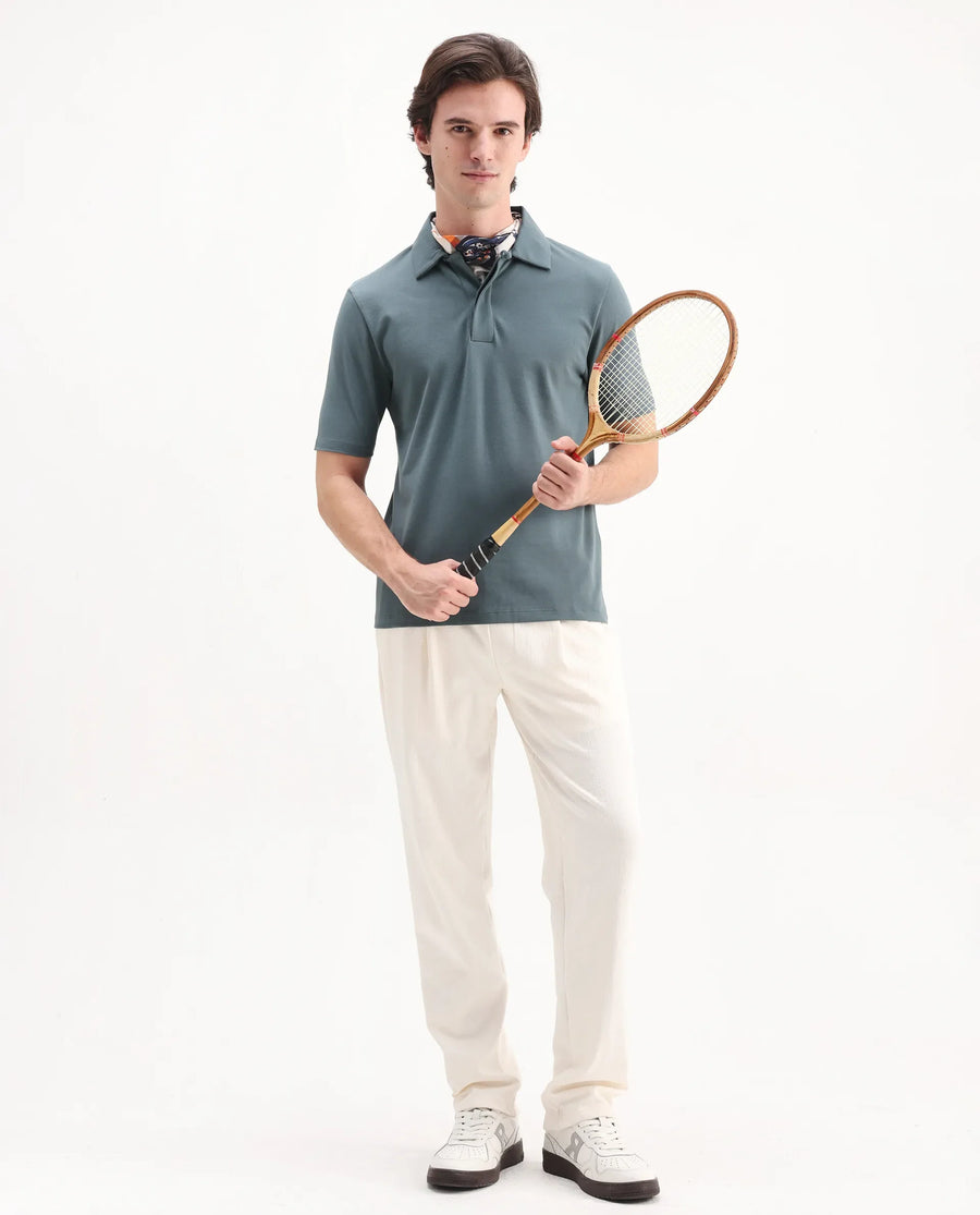 Rare Rabbit Men's Zeni Dusky Green Cotton Blend Plain Regular Fit Half Sleeve Polo